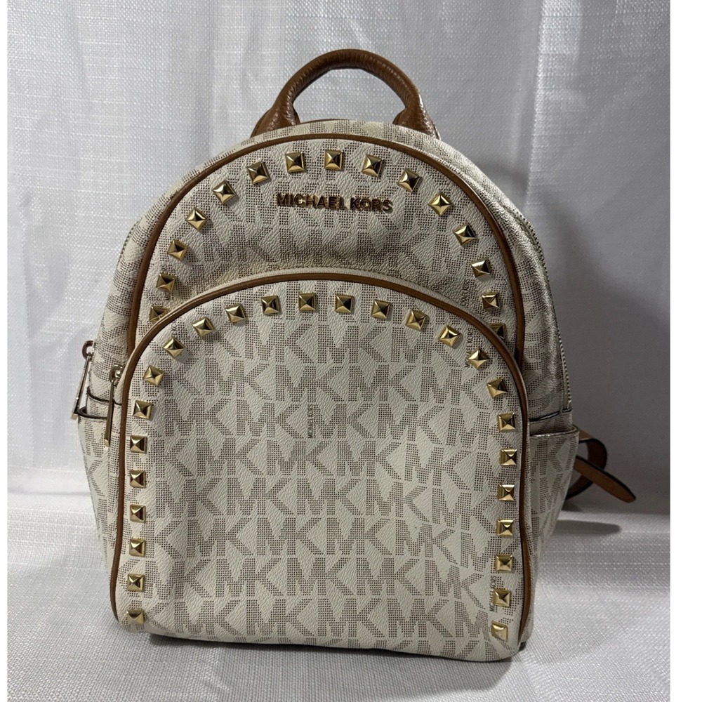 Michael Kors Abbey Medium Studded Backpack Vanilla MK Signature Logo Bag